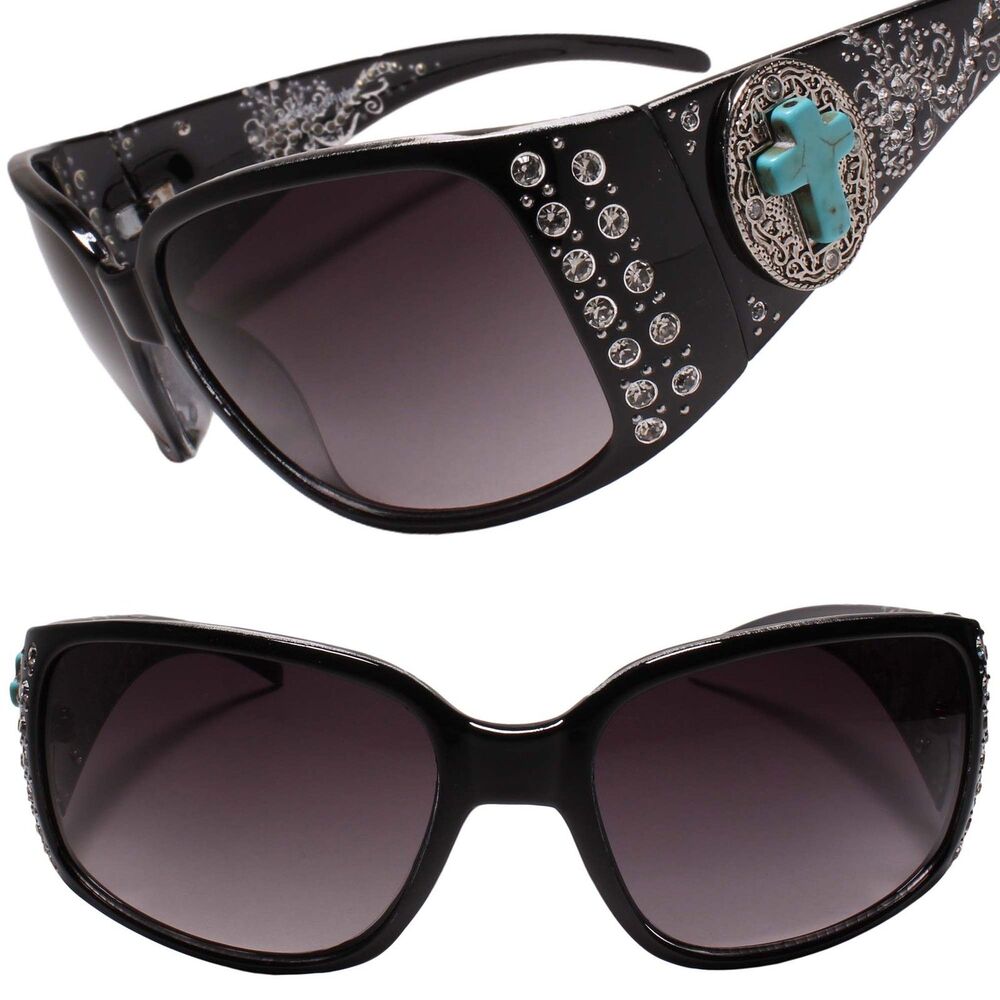 Cross Emblem Rhinestone Western Bling Cowgirl Style Womens Black Sunglasses